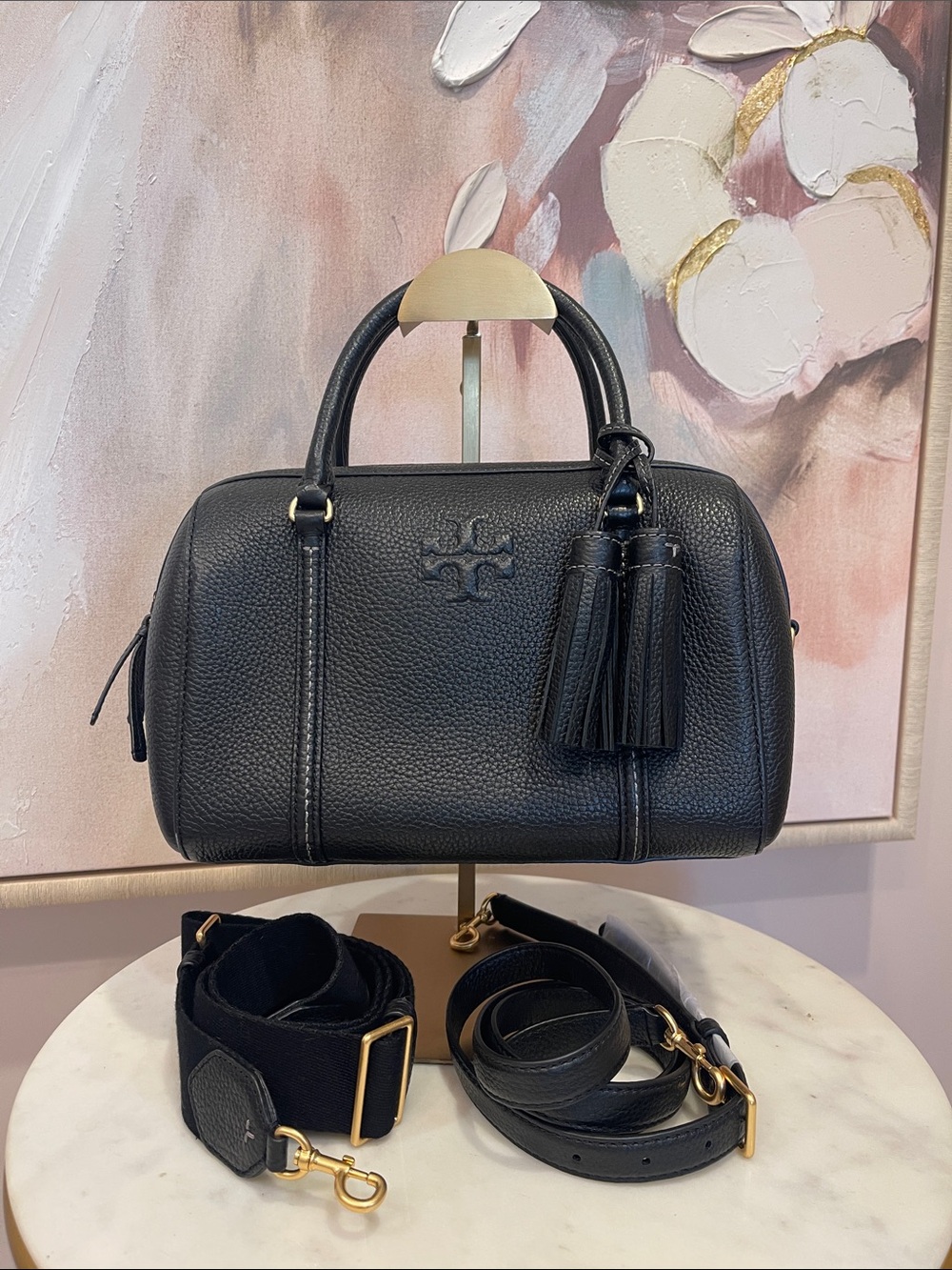 Tory Burch Black Pebbled Leather Double Tassel Satchel with Straps